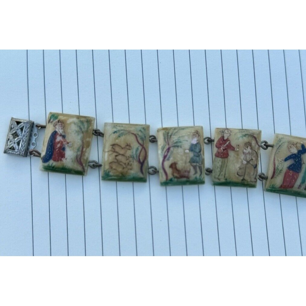 Antique Hand Painted Bone Panel Story Teller Bracelet Early 1900s s Unique 7.5" - Picture 3 of 5
